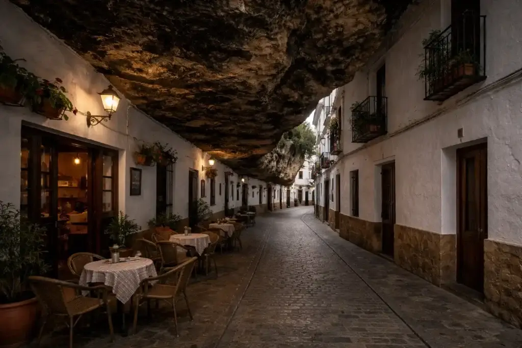 Whitewashed houses built beneath a heavy rock overhang in the Cuevas de la Sombra street of Setenil de las Bodegas.