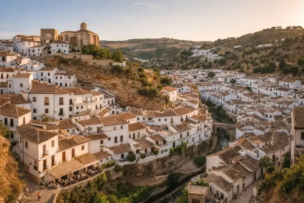 Panoramic elevated view of Setenil de las Bodegas with whitewashed houses built around a rocky gorge.