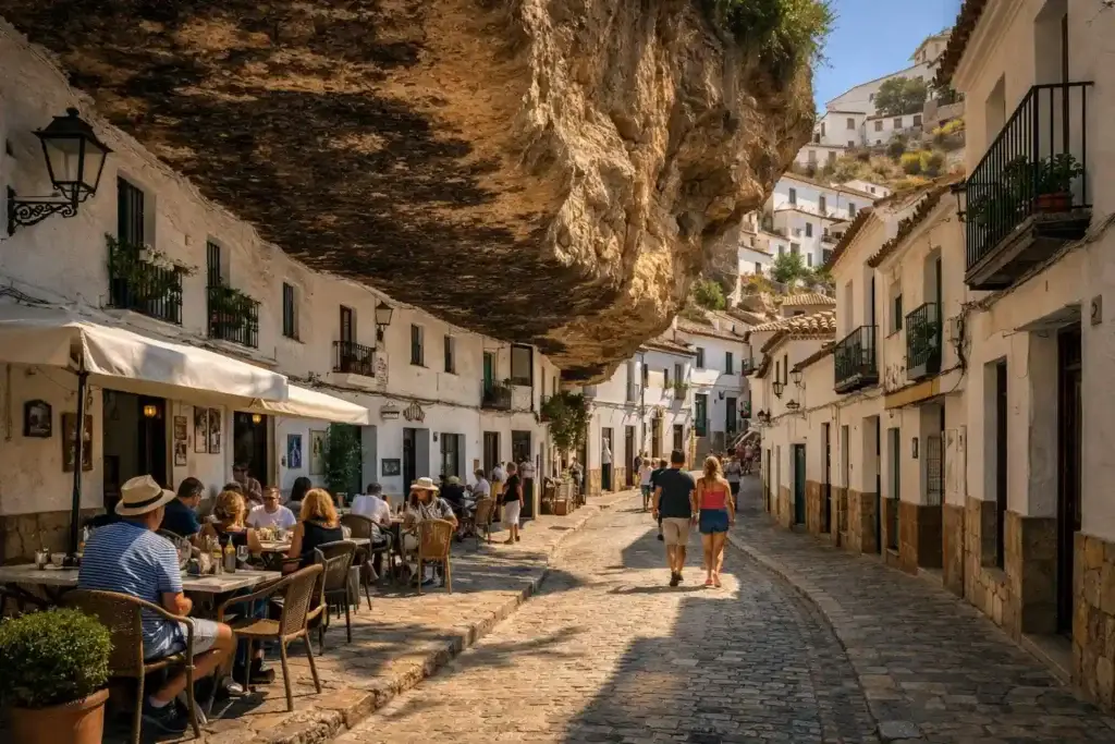 Whitewashed houses built beneath massive rock overhangs in Setenil de las Bodegas, with narrow streets and natural stone formations.