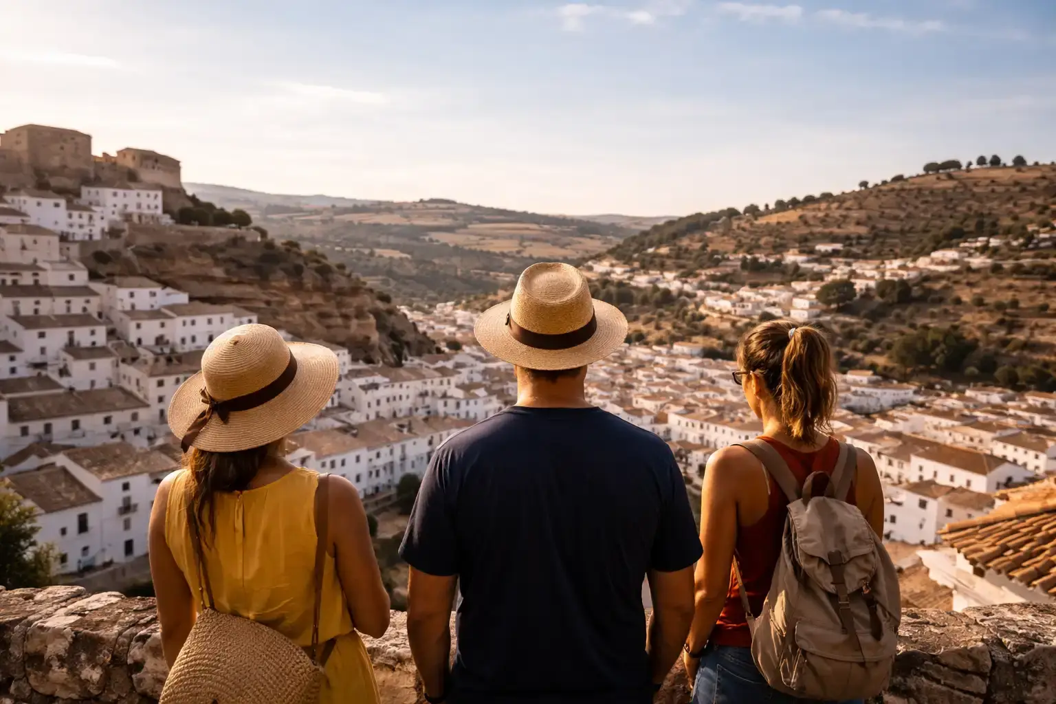 Panoramic view of Setenil de las Bodegas with white houses built into the cliffs in Cádiz, Andalusia.