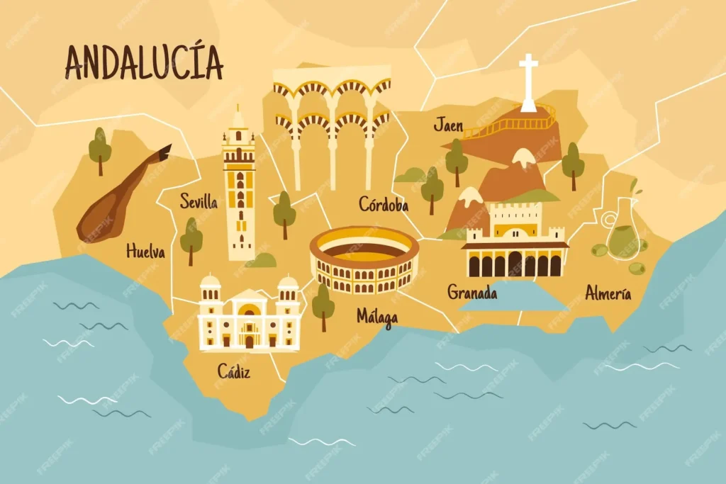 Illustrated map of Andalucía showing major cities and landmarks in a warm, vintage travel‑poster style.