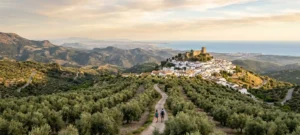 Panoramic Andalusian landscape with olive groves, white village and Cadiz coastline at golden hour.