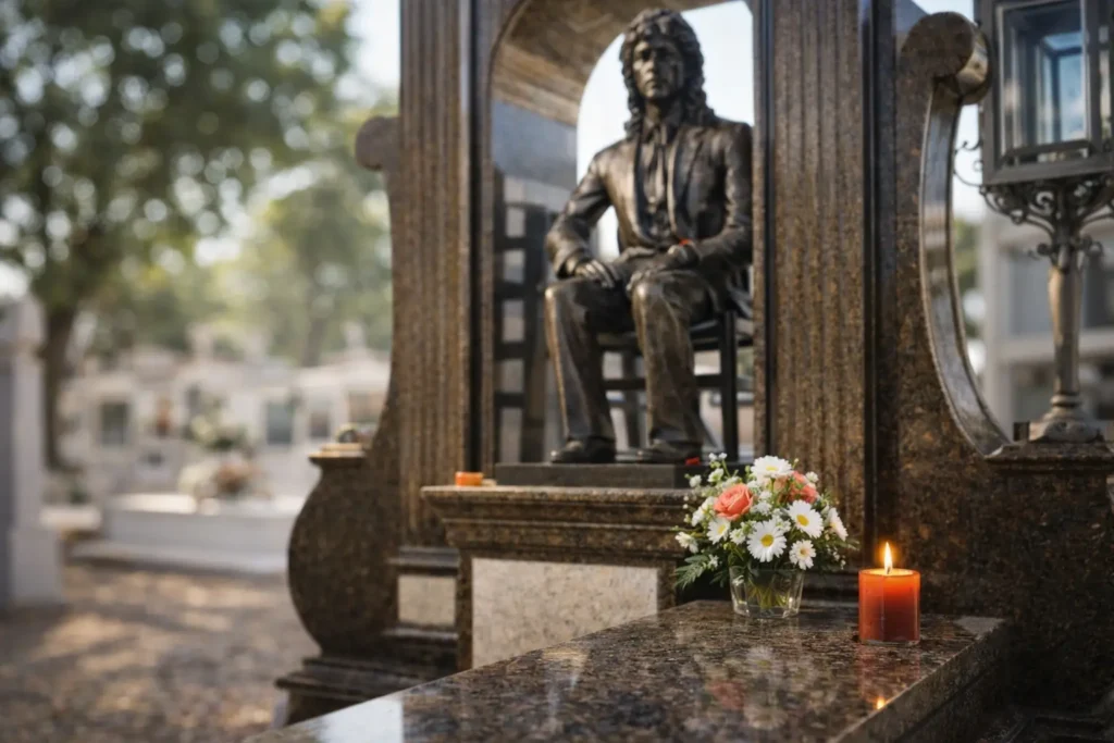 Bronze seated statue inside an ornate stone memorial with flowers and a lit candle in front.