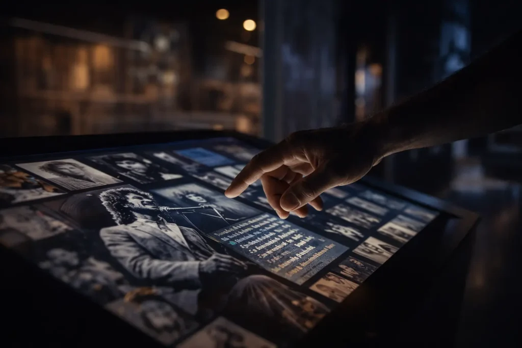 Hand touching a large touchscreen showing black‑and‑white photos of a singer in an interactive exhibit.