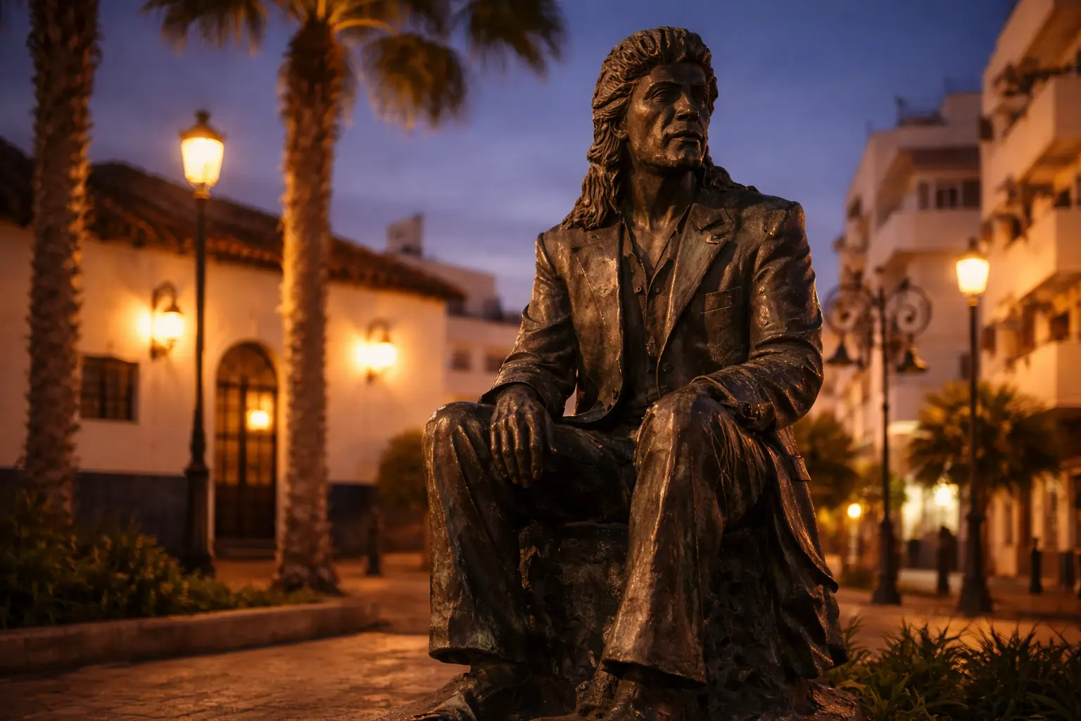 Bronze statue of a seated figure in a plaza at dusk with palm trees and warm street lighting.