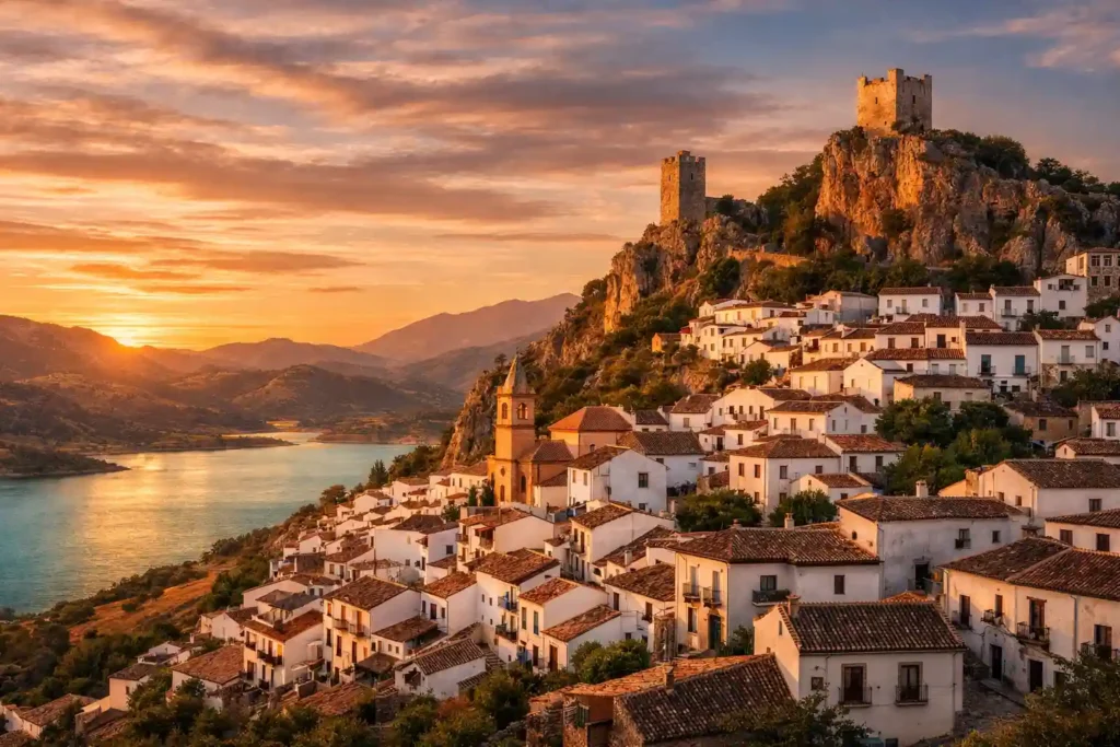 Hillside whitewashed village with terracotta roofs, ancient stone towers on rocky cliffs and a reflective river at sunset.