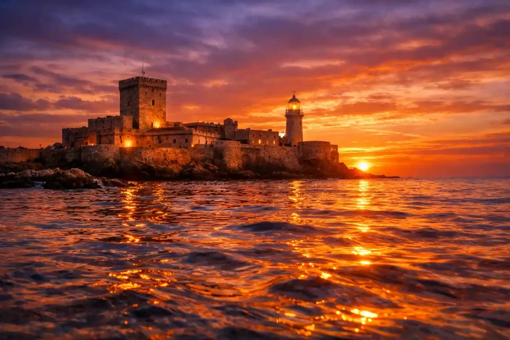 Stone coastal fortress with a tower and lighthouse illuminated at sunset beside the sea.