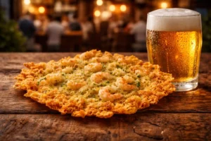 Crispy golden-brown seafood dish topped with shrimp and herbs, served beside a cold beer on a rustic wooden table in a warmly lit restaurant.