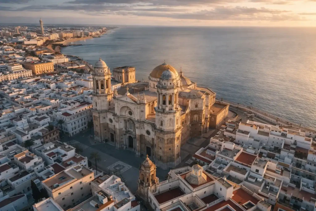Aerial sunset view of the Cathedral of Cádiz, Spain, with golden dome, twin towers, and white Mediterranean rooftops beside the coastline.