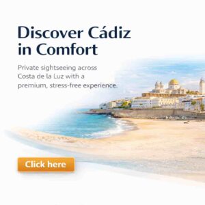 Scenic coastal view of Cádiz with the cathedral dome and sandy beach, overlaid text promoting private sightseeing.
