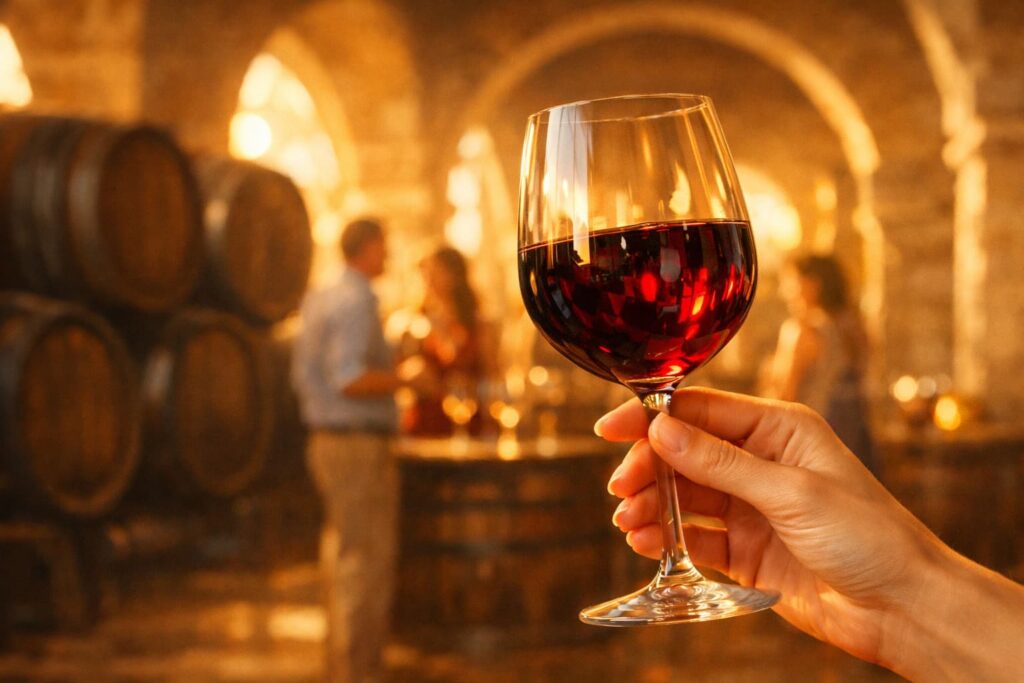 Hand holding a glass of red wine inside a warm, softly lit Andalusian wine cellar.